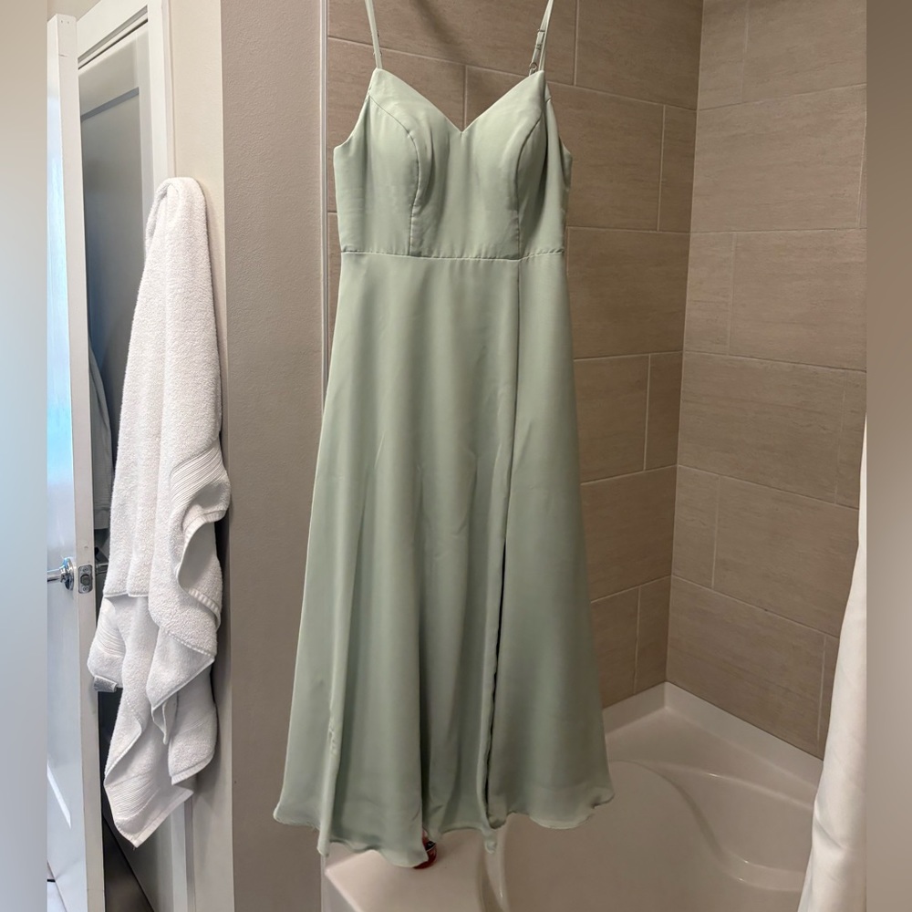 Azazie Dusty Green Tea Length Bridesmaid Dress Size 4